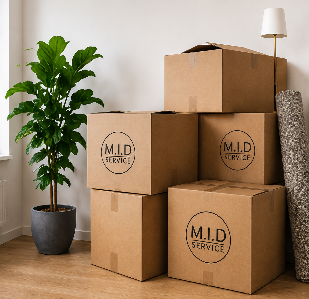 Umzugskartons mit M.I.D Service Logo in einer Wohnung in Frankfurt