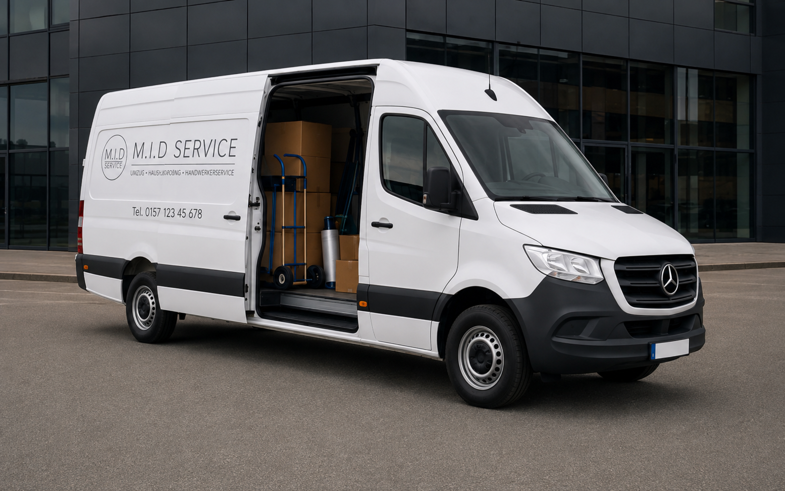 M.I.D Service Umzugsunternehmen Frankfurt – weißer Mercedes Sprinter Transporter