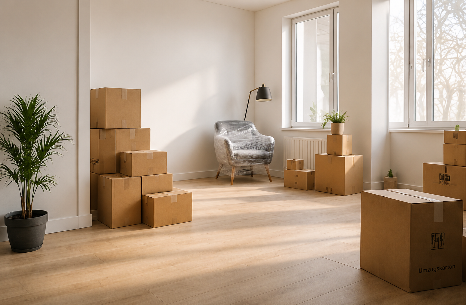 Umzugskartons und verpackte Möbel in einem leeren Zimmer nach dem Umzug