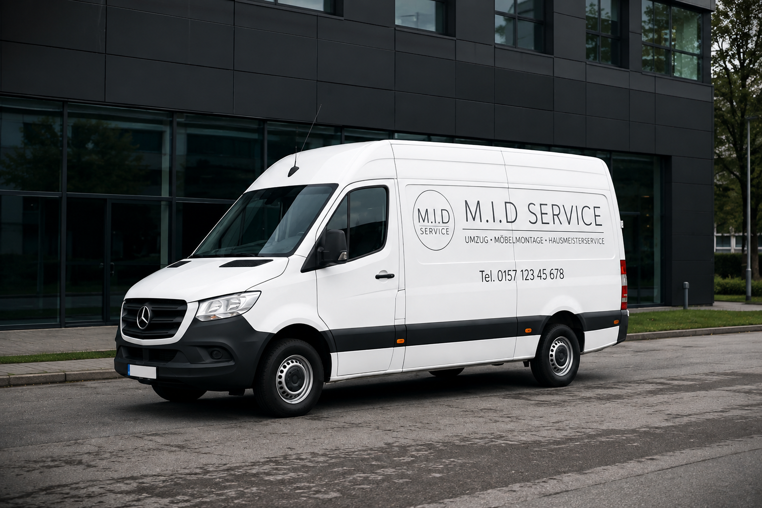 Transporter von M.I.D Service vor einem Bürogebäude in Frankfurt