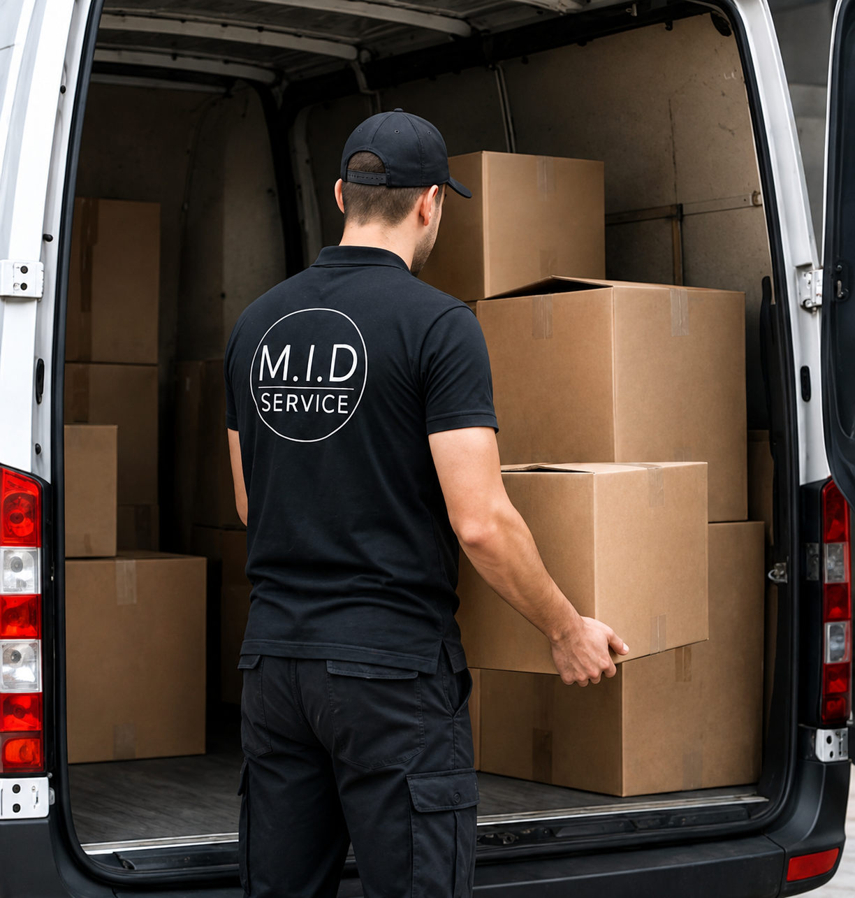 Umzugshelfer belädt den Transporter von M.I.D Service in Frankfurt