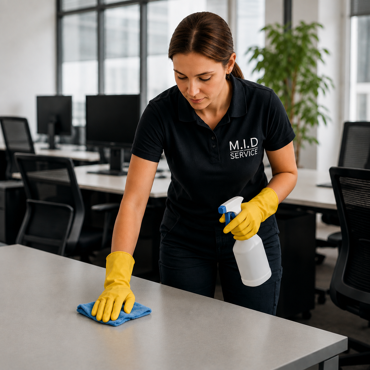 Reinigungskraft von M.I.D Service reinigt einen Schreibtisch im Büro